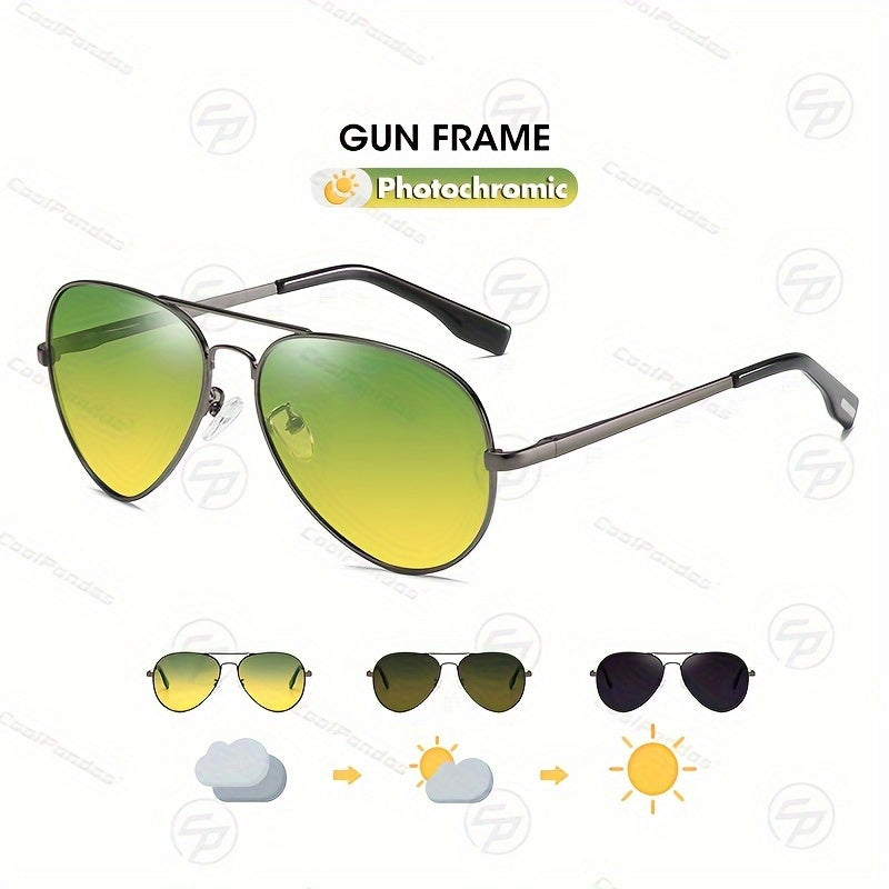 Stylish Pilot Glasses with Polarized And Photochromic Lenses for Driving Both Day And Night.