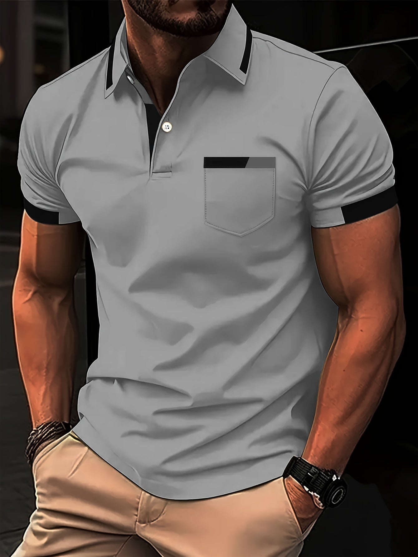 Elegant Men's Color Block Shirt - Casual & Stylish, Short Sleeve, Button Detail, Perfect for Home or Out