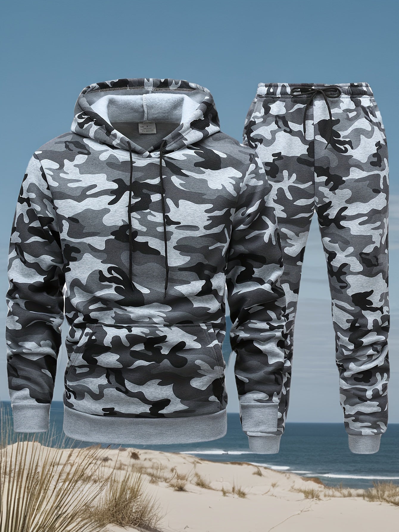 Men'S Camo Hooded Sweatshirt and Pants Set, Casual Outdoor Polyester 100% Full Body Suit, Long Sleeve Pullovers with Drawstring, Regular Fit, 3D Printing, Knit Fabric, Slight Stretch, for Hiking, Camping, Hunting, Running, Tr