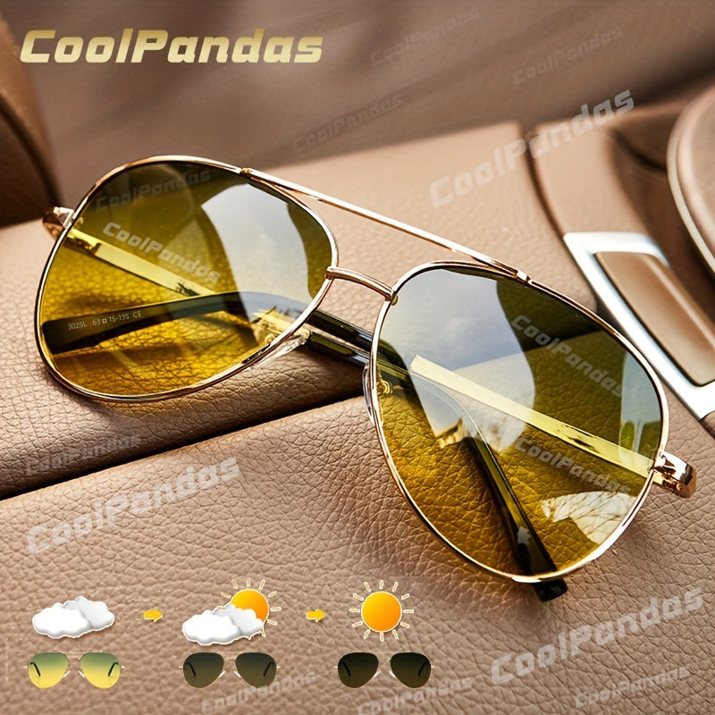 Stylish Pilot Glasses with Polarized And Photochromic Lenses for Driving Both Day And Night.