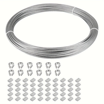 316 Stainless Steel Aircraft Cable Rope, 10.06meter 7x7 Strand, Marine Grade, with 50 Aluminum Thimbles and 12 Tee Fittings