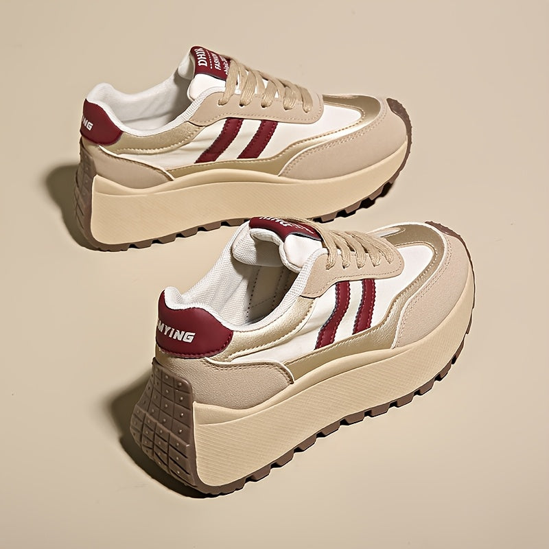 1 Pair Women'S Fashion Chunky Sneakers 2024, Striped Low Top Lace-Up Sports Shoes, All-Season Lightweight Casual Athletic Footwear with Plain Toe, Fabric Upper & Inner, PVC Sole, No-Print Design