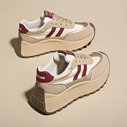 1 Pair Women'S Fashion Chunky Sneakers 2024, Striped Low Top Lace-Up Sports Shoes, All-Season Lightweight Casual Athletic Footwear with Plain Toe, Fabric Upper & Inner, PVC Sole, No-Print Design