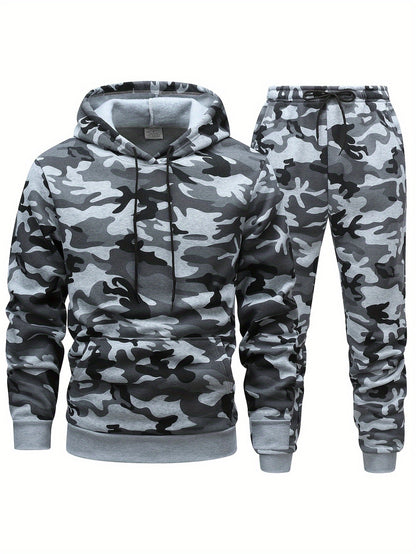 Men'S Camo Hooded Sweatshirt and Pants Set, Casual Outdoor Polyester 100% Full Body Suit, Long Sleeve Pullovers with Drawstring, Regular Fit, 3D Printing, Knit Fabric, Slight Stretch, for Hiking, Camping, Hunting, Running, Tr