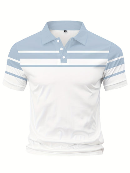 Men's Stripes Color Blocking Print Summer Short Sleeve Lapel T-shirt, Casual Comfy Sports Top As Gift
