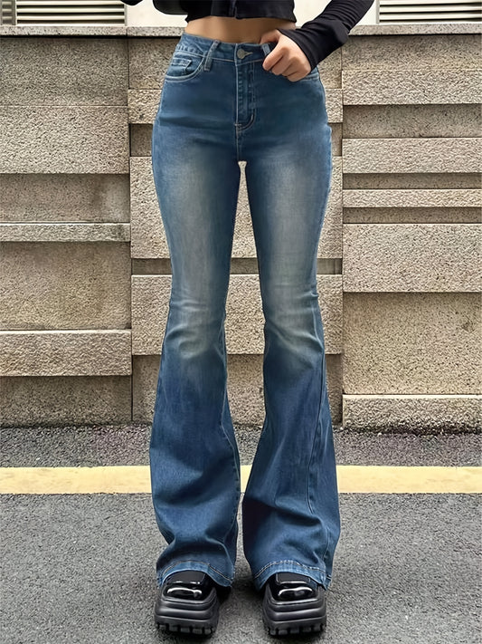 Women'S Vintage Blue Washed Flare Jeans, High Stretch Slim Fit with Slant Pockets, 53% 32% Polyester 12.5% Viscose 2% Spandex, All-Season Solid Color Denim Bell Bottoms