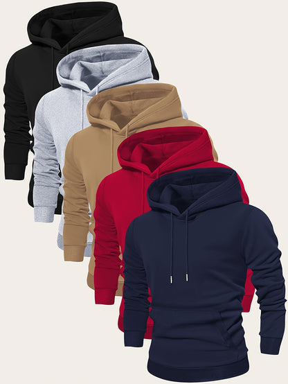 5pcs Men's Long Sleeve Hoodies, Solid Color Polyester Pullovers with Drawstring and Kangaroo Pocket, Casual Sports Jogging Tops for Spring/Fall - Regular Fit Knit Fabric Hooded Sweatshirts