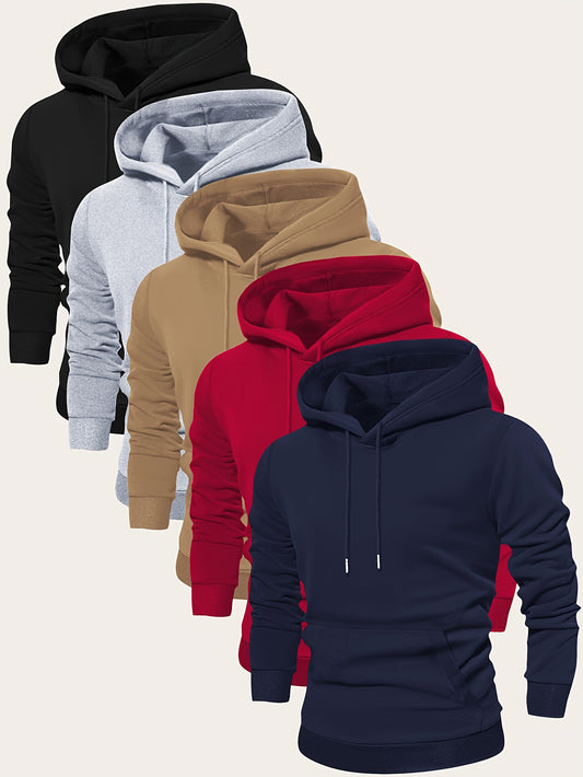 5pcs Men's Long Sleeve Hoodies, Solid Color Polyester Pullovers with Drawstring and Kangaroo Pocket, Casual Sports Jogging Tops for Spring/Fall - Regular Fit Knit Fabric Hooded Sweatshirts