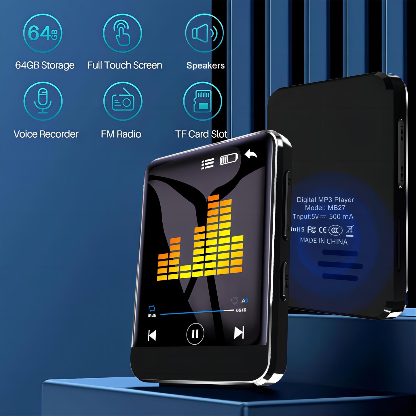 64GB Touch Screen MP3 Music Player - HD Speaker, FM Radio, Recorder, E-Book, Video Playback, Perfect!