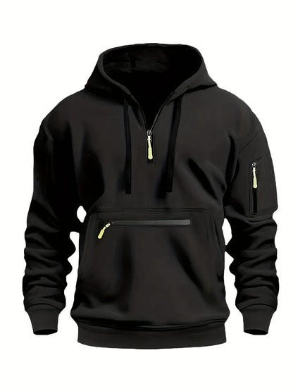 220gsm 100% Polyester Long Sleeve Hoodie - Men's Solid Color Regular Fit Casual Pullover with Zipper Pocket for Fall/Winter