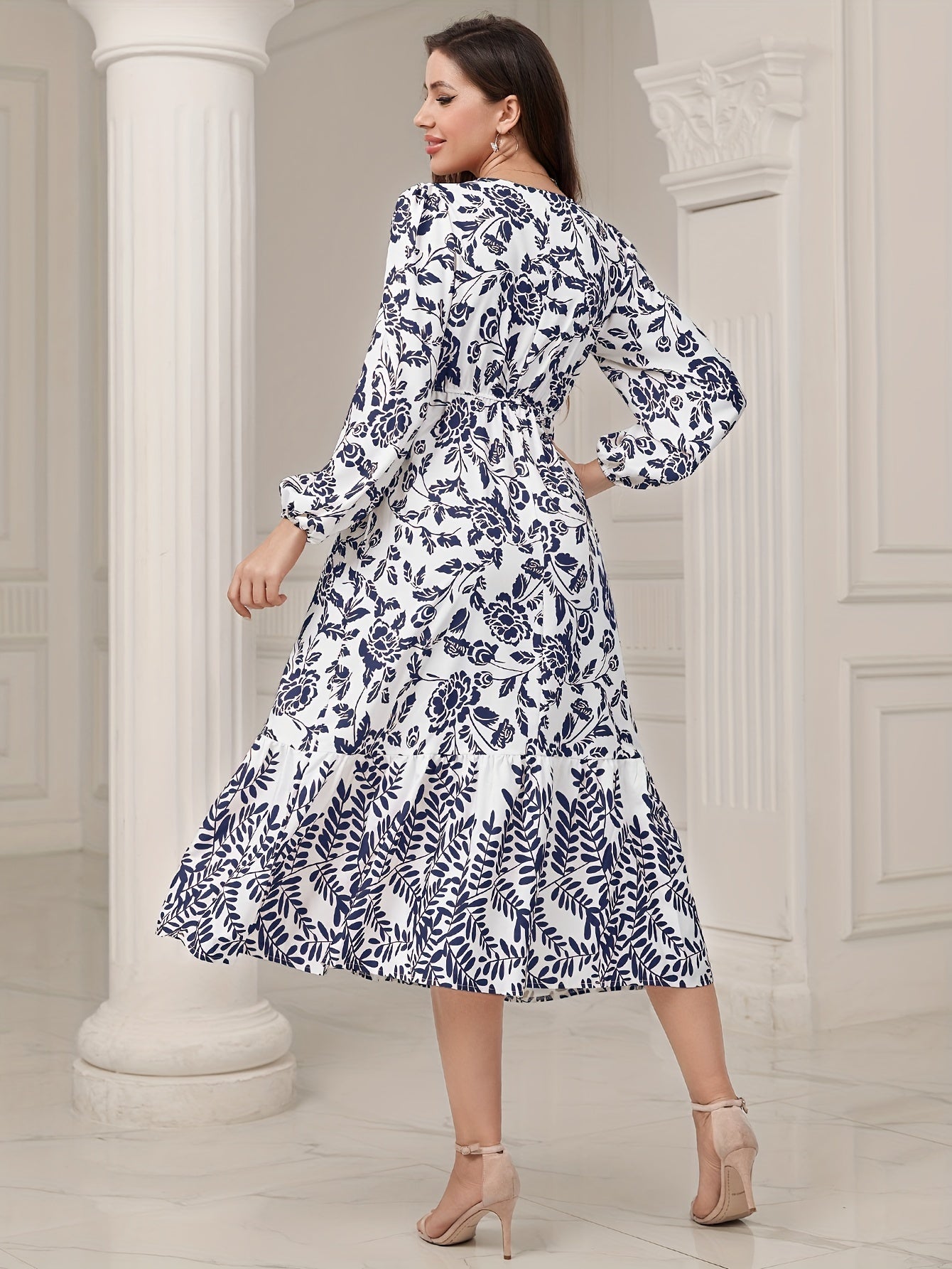 Floral & Leaves Print V-neck Dress, Elegant Elastic Waist Long Sleeve Dress For Spring & Fall, Women's Clothing