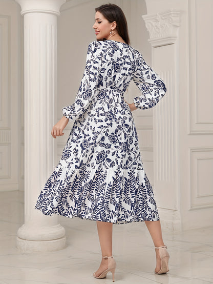 Floral & Leaves Print V-neck Dress, Elegant Elastic Waist Long Sleeve Dress For Spring & Fall, Women's Clothing