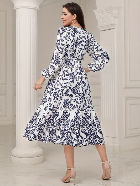 Floral & Leaves Print V-neck Dress, Elegant Elastic Waist Long Sleeve Dress For Spring & Fall, Women's Clothing