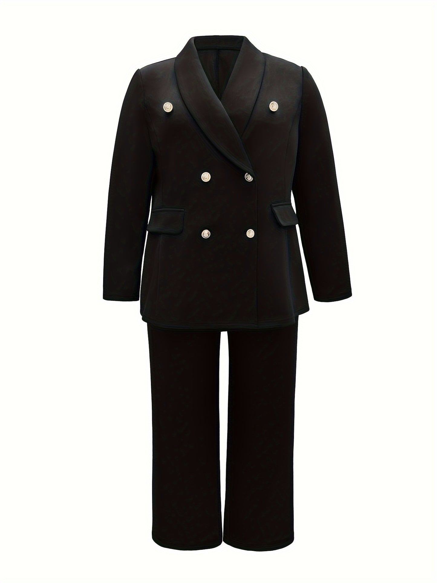Plus Size Elegant Solid Suit Set, Double-breasted Long Sleeve Blazer & Straight Leg Pants Outfits, Women's Plus Size Clothing