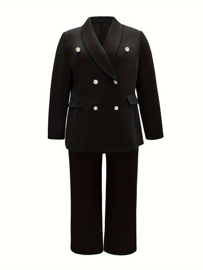 Plus Size Elegant Solid Suit Set, Double-breasted Long Sleeve Blazer & Straight Leg Pants Outfits, Women's Plus Size Clothing