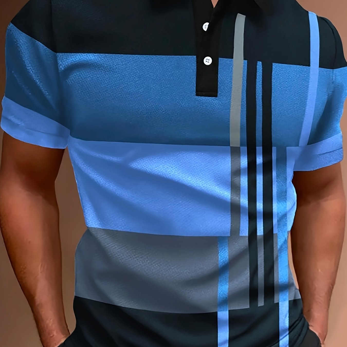 2024 Men'S Casual Geometric Print Knit Polo-Style Shirt with Lapel Collar and Slight Stretch - 100% Polyester Material - Regular Fit
