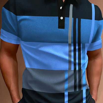 2024 Men'S Casual Geometric Print Knit Polo-Style Shirt with Lapel Collar and Slight Stretch - 100% Polyester Material - Regular Fit