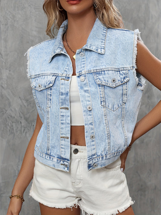 Blue Sleeveless Versatile Denim Jackets, Single-Breasted Button Flap Pockets Lapel Denim Vest, Women's Denim Clothing