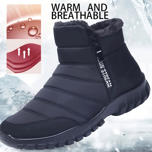 1pr Men'S Casual Solid Color Short Snow Boots - Windproof, Waterproof, Anti-Skid, Zip-Up, Round Toe, Fabric Upper, Faux Sole, Fuzzy Lined, Fabric Insole - Fall/Winter Outdoor Footwear