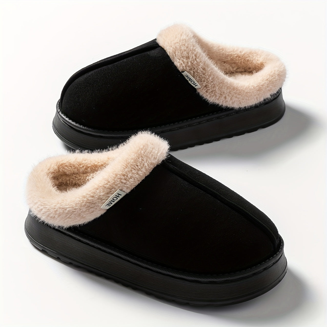 Cozy Plush Winter Slippers - Elegant Black with Cream Fur Trim, Thick Cushioned EVA Sole, Non-Slip, Hand Washable Indoor Shoes, Indoor Slippers