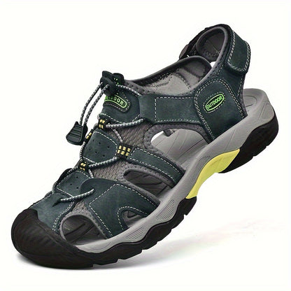 Men's Genuine Leather Non-Slip Sandals - Lightweight Quick-Dry Beach Shoes with Adjustable Straps, Breathable Rubber Sole & Comfortable Round Toe for Summer Casual Wear