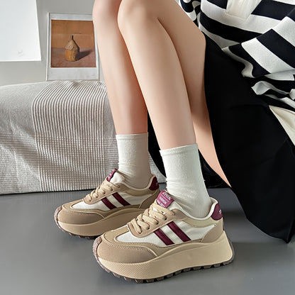 1 Pair Women'S Fashion Chunky Sneakers 2024, Striped Low Top Lace-Up Sports Shoes, All-Season Lightweight Casual Athletic Footwear with Plain Toe, Fabric Upper & Inner, PVC Sole, No-Print Design