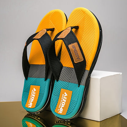 Men's Summer Flip-Flops - Non-Slip, Odor-Resistant Beach Sandals with Arch Support, Green & Yellow Striped Design, Comfortable EVA Upper & Rubber Sole for Everyday and Casual Wear, Leisure Comfort | Casual Style | Durable San