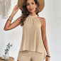1 Set Of Two Pieces Outfit, Textured Fabric, Solid Color, Button- Back, Halterneck Top And Shorts, Perfect for Dating