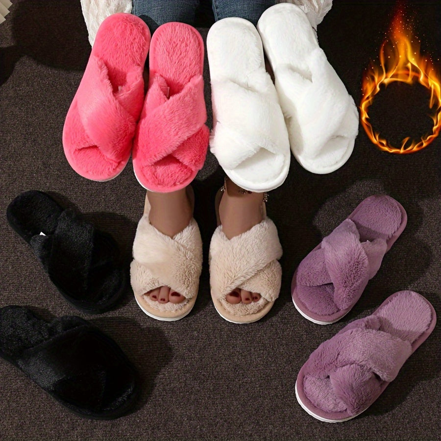 Cozy Crisscross Band Plush Indoor Slippers, Soft Sole Fuzzy Shoes, Non Slip Home Floor Slippers with Leopard Print