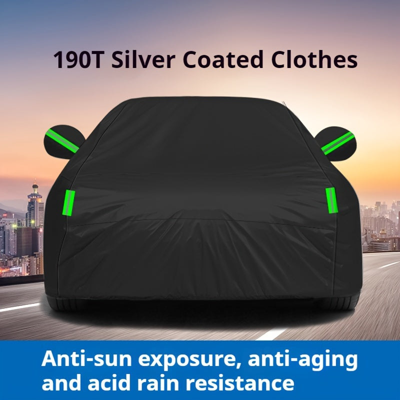 The Car Cover Is All Black With A 190T Silver-coated Fabric, Car Cover With Sun Protection, Polyester Reflective Strip Car Cover