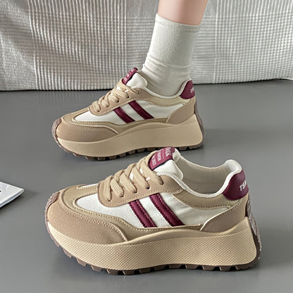 1 Pair Women'S Fashion Chunky Sneakers 2024, Striped Low Top Lace-Up Sports Shoes, All-Season Lightweight Casual Athletic Footwear with Plain Toe, Fabric Upper & Inner, PVC Sole, No-Print Design