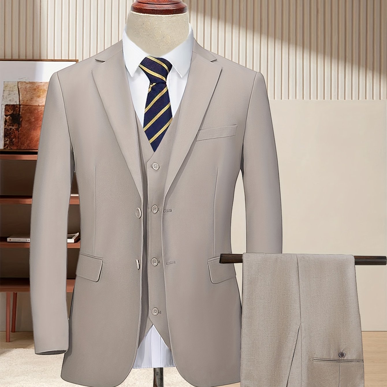 Men'S 3pcs Business Style Suit, Two Button Lapel Jacket Vest Trouser Set Solid Color Wedding Business Tuxedo Suit