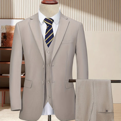 Men'S 3pcs Business Style Suit, Two Button Lapel Jacket Vest Trouser Set Solid Color Wedding Business Tuxedo Suit