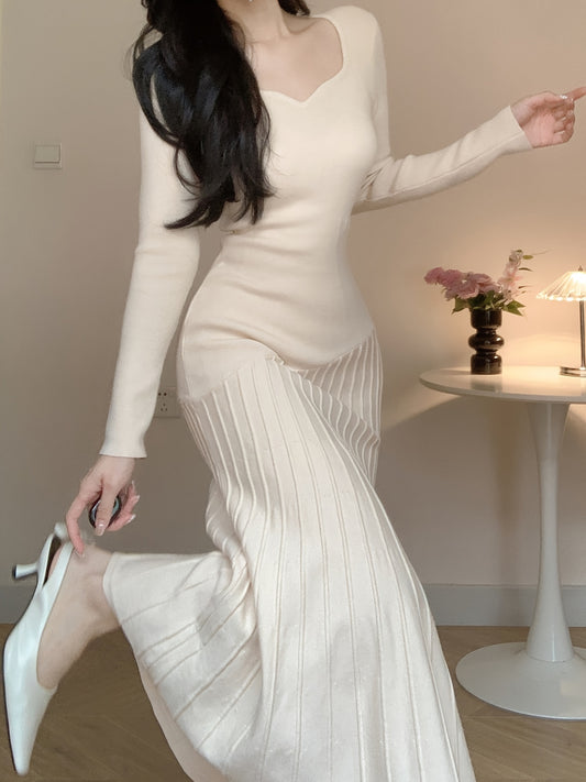 Long Sleeve V-Neck Knit Dress, Polyester, Polyamide, Viscose Blend, Middle Eastern Style, Autumn/Winter, Floor-Length, A-Line, Hand Wash Or Dry Clean