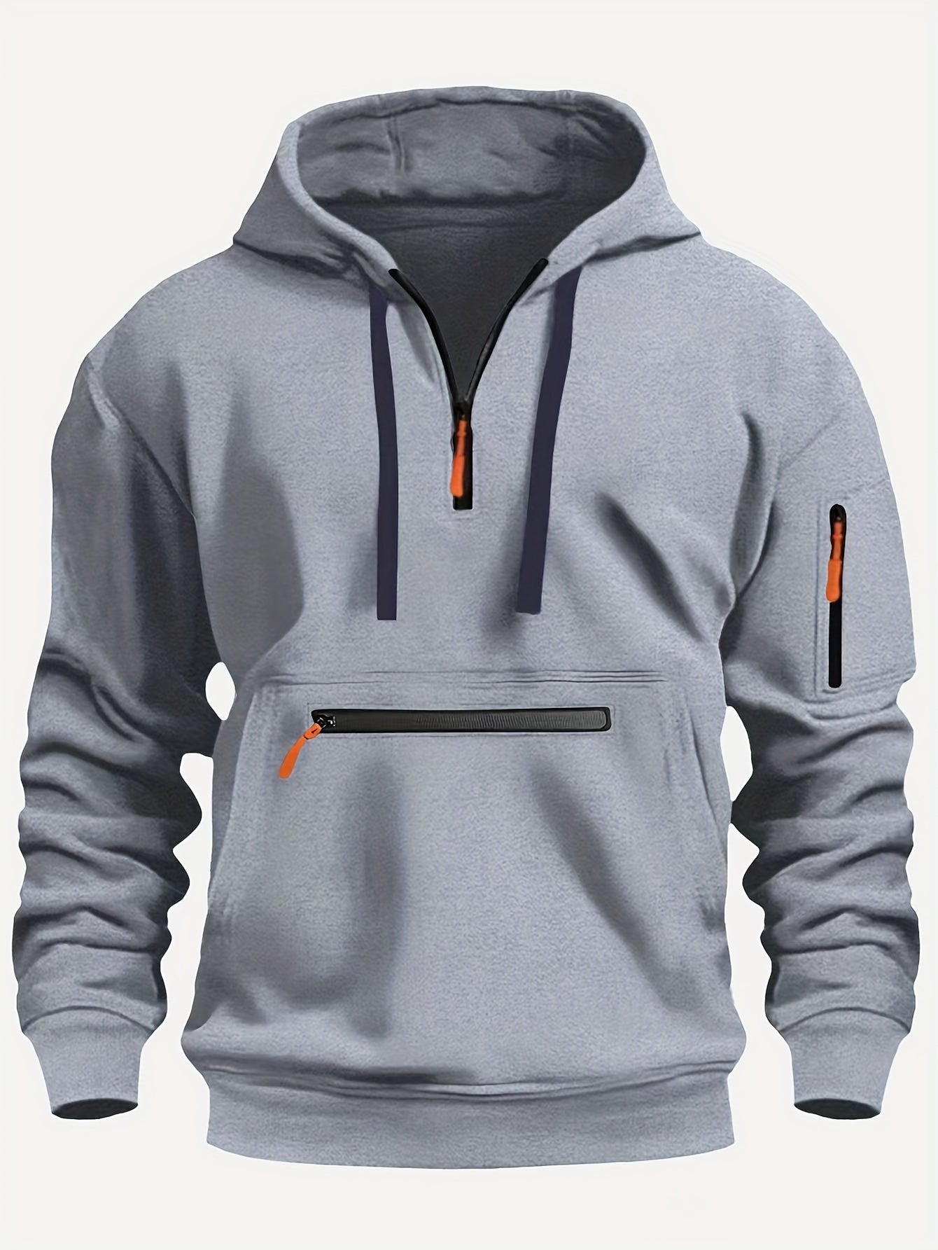 220gsm 100% Polyester Long Sleeve Hoodie - Men's Solid Color Regular Fit Casual Pullover with Zipper Pocket for Fall/Winter