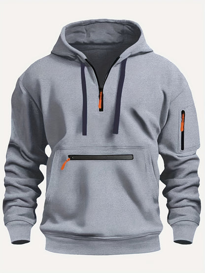 220gsm 100% Polyester Long Sleeve Hoodie - Men's Solid Color Regular Fit Casual Pullover with Zipper Pocket for Fall/Winter