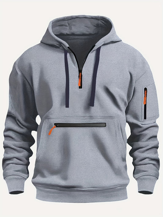 220gsm 100% Polyester Long Sleeve Hoodie - Men's Solid Color Regular Fit Casual Pullover with Zipper Pocket for Fall/Winter