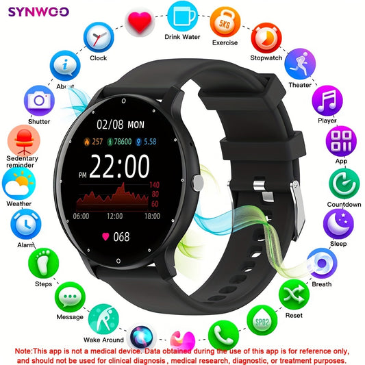 Synwoo Smart Watch for Men and Women - 3.25cm Full Touch Screen, Digital Display, Round Dial, Motion Tracker, Alarm Clock, Weather Update, Music Playback, Message Reminder, USB Charging, Rechargeable Lithium Polymer Battery,