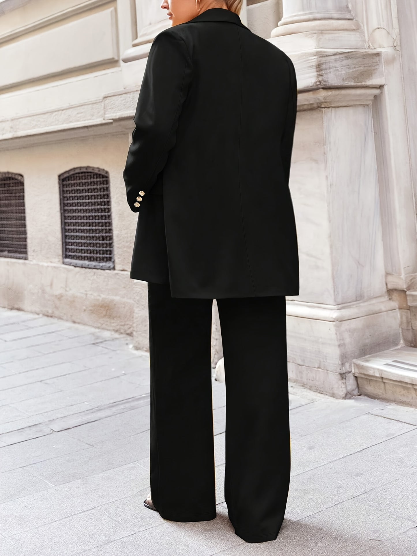 Plus Size Elegant Solid Suit Set, Double-breasted Long Sleeve Blazer & Straight Leg Pants Outfits, Women's Plus Size Clothing
