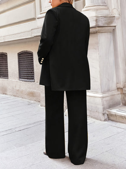 Plus Size Elegant Solid Suit Set, Double-breasted Long Sleeve Blazer & Straight Leg Pants Outfits, Women's Plus Size Clothing