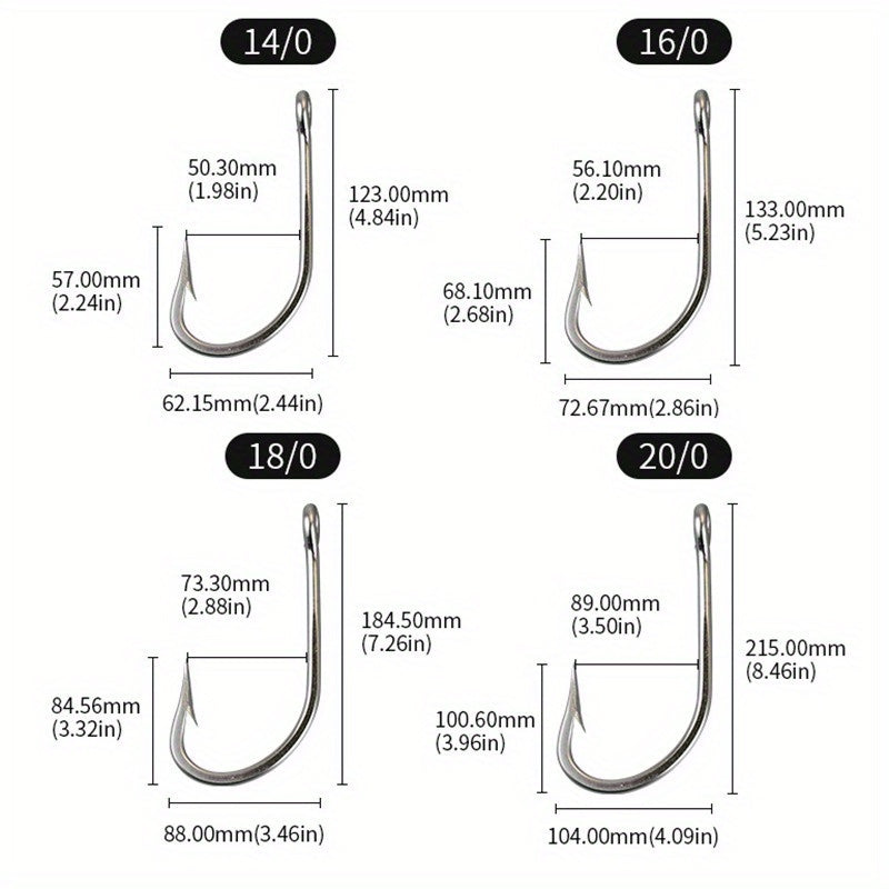 2pcs Large Stainless Steel Fish Hooks For Tuna/Big Catfish/Grouper, Barbed Hook With Eye, Saltwater Fishing Tackle