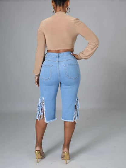 Trendy Distressed Denim Shorts with Fringe Hem for Women