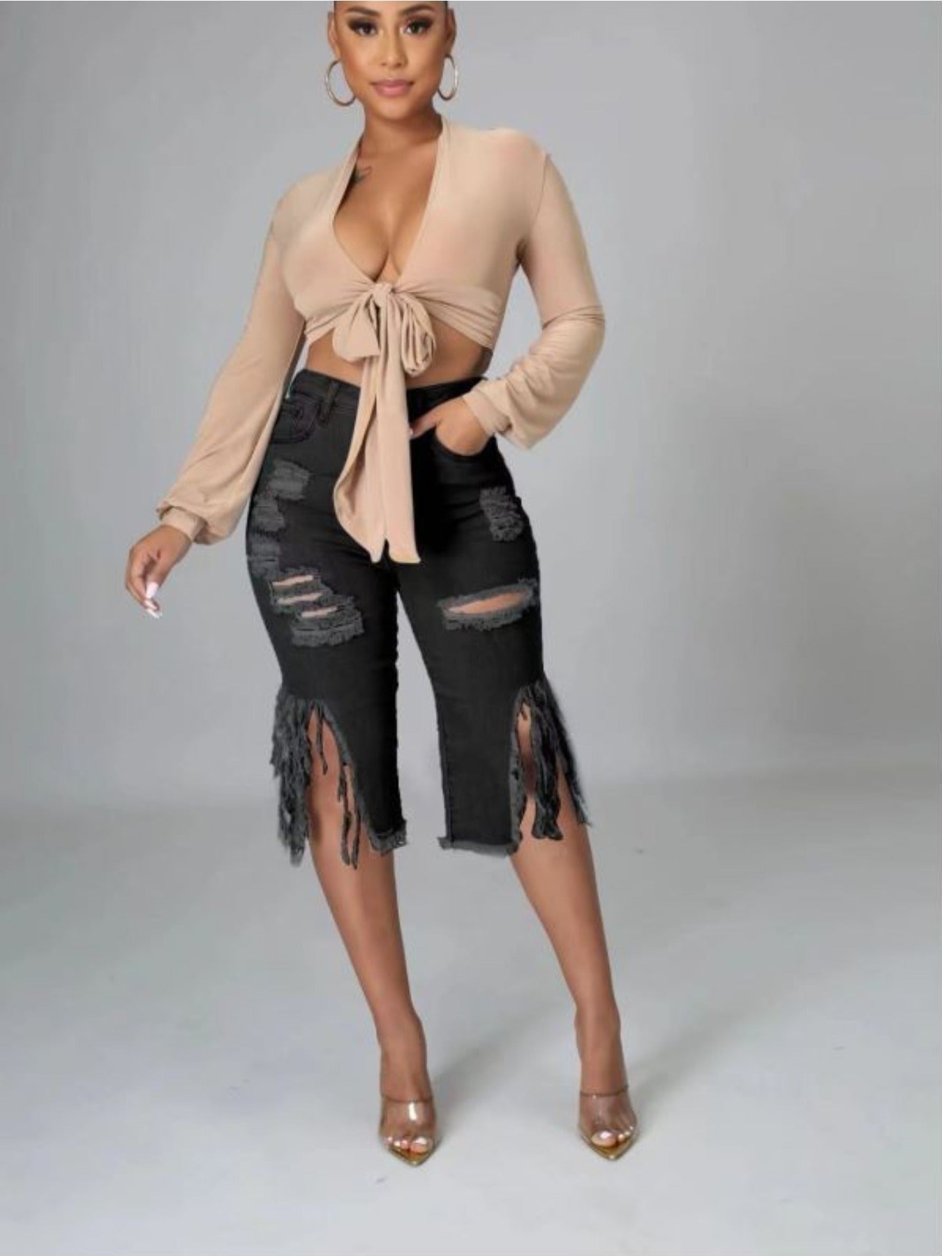 Trendy Distressed Denim Shorts with Fringe Hem for Women