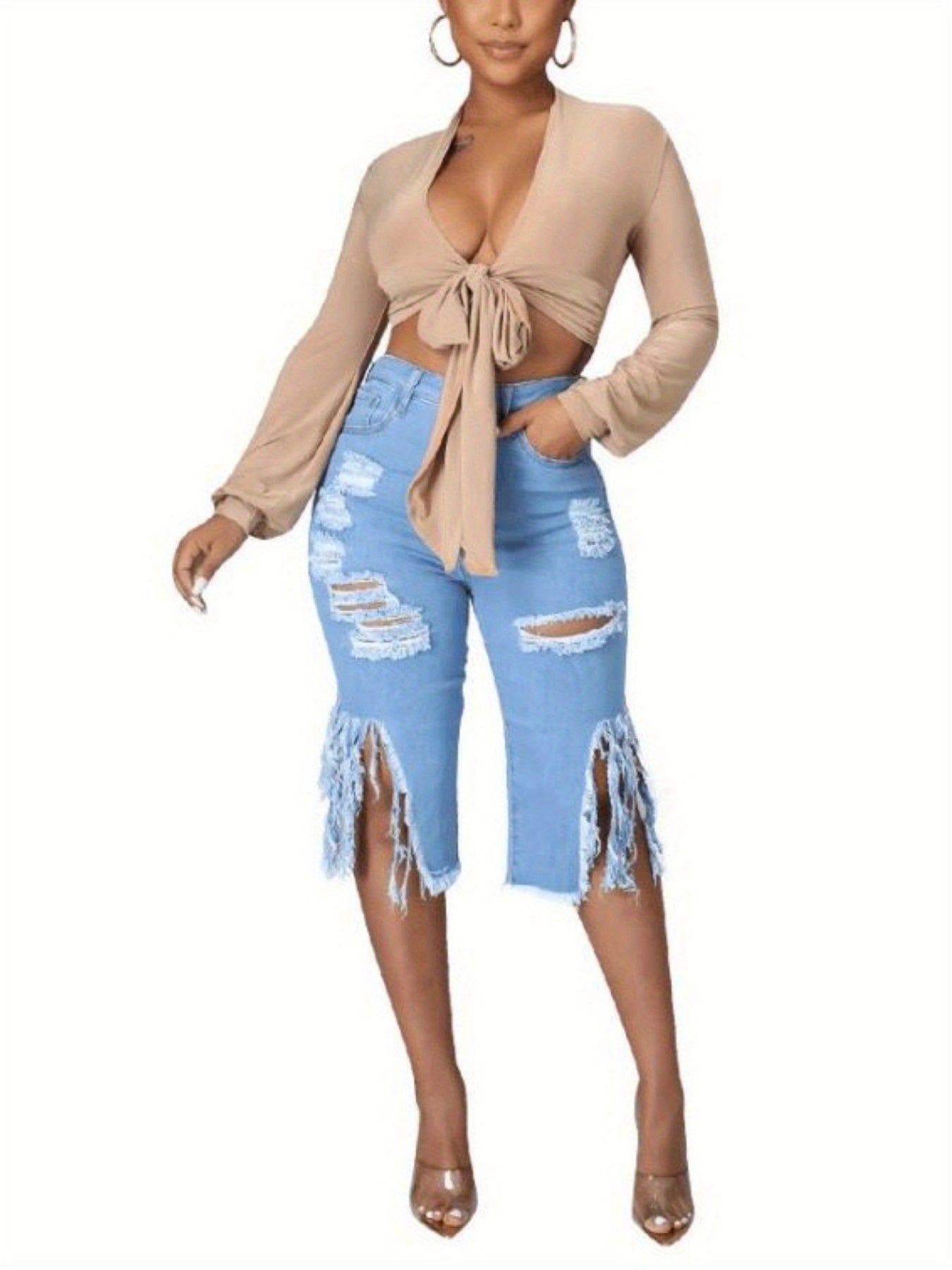 Trendy Distressed Denim Shorts with Fringe Hem for Women