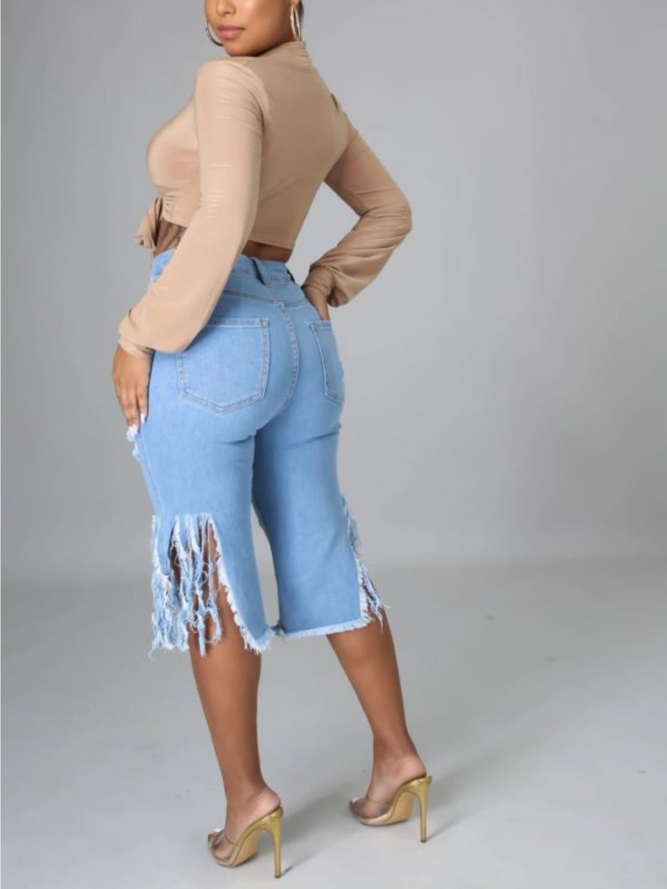 Trendy Distressed Denim Shorts with Fringe Hem for Women