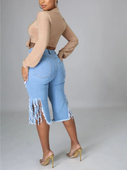 Trendy Distressed Denim Shorts with Fringe Hem for Women
