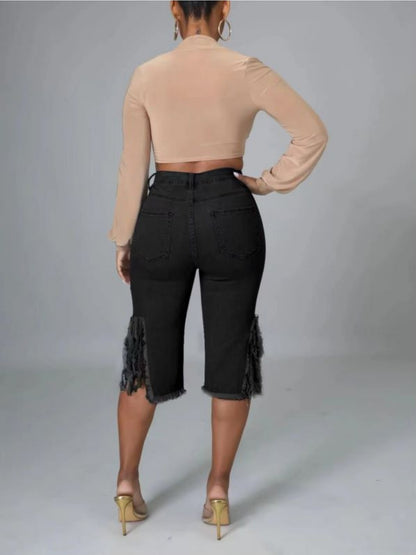 Trendy Distressed Denim Shorts with Fringe Hem for Women