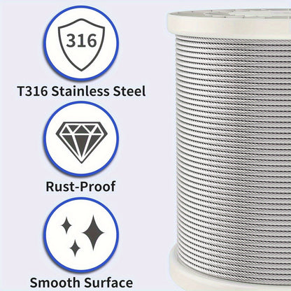 1000ft T316 Stainless Steel 1/8" Wire Rope, Marine Grade Cable for Deck Railing, 7x7 Strand Outdoor Cable Railings, Weather-Resistant Aircraft Cable for DIY Balustrade, Garden & Yard