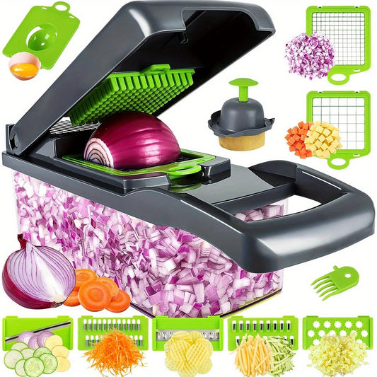 Vegetable Chopper, Pro Onion Chopper, 16 In 1Multifunctional Food Chopper, Kitchen Vegetable Slicer Dicer Cutter, Veggie Chopper With 8 Blades, Carrot Chopper With Container (Grey)