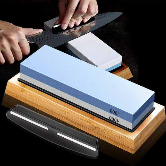 1pc Premium Knife Sharpening Stone–1000/ 4000 Grit Whetstone, Whetstone Knife Sharpener- NonSlip Bamboo Base & Angle Guide,, Household sharpening stone sharpener, convenient and fast sharpening stone
